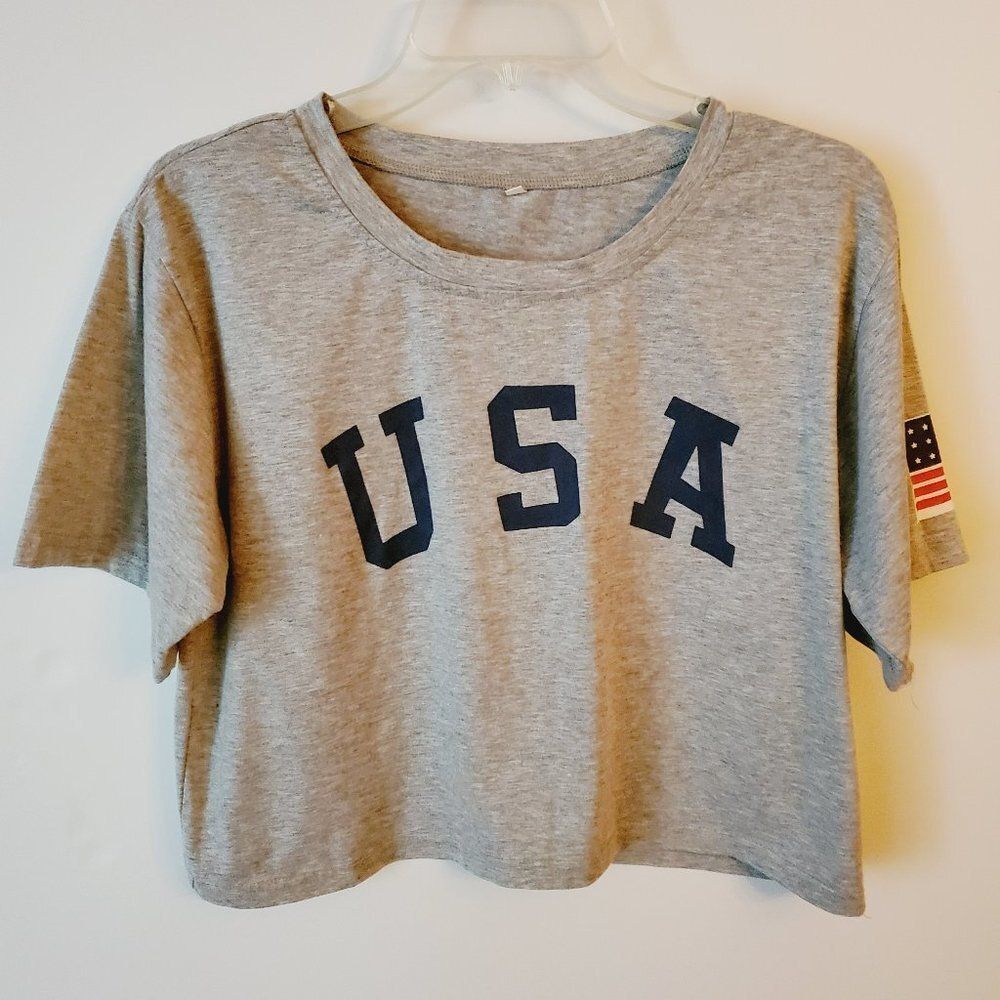 USA Gray Crop Tee Crew Neck With American Flag On The Sleeve - L